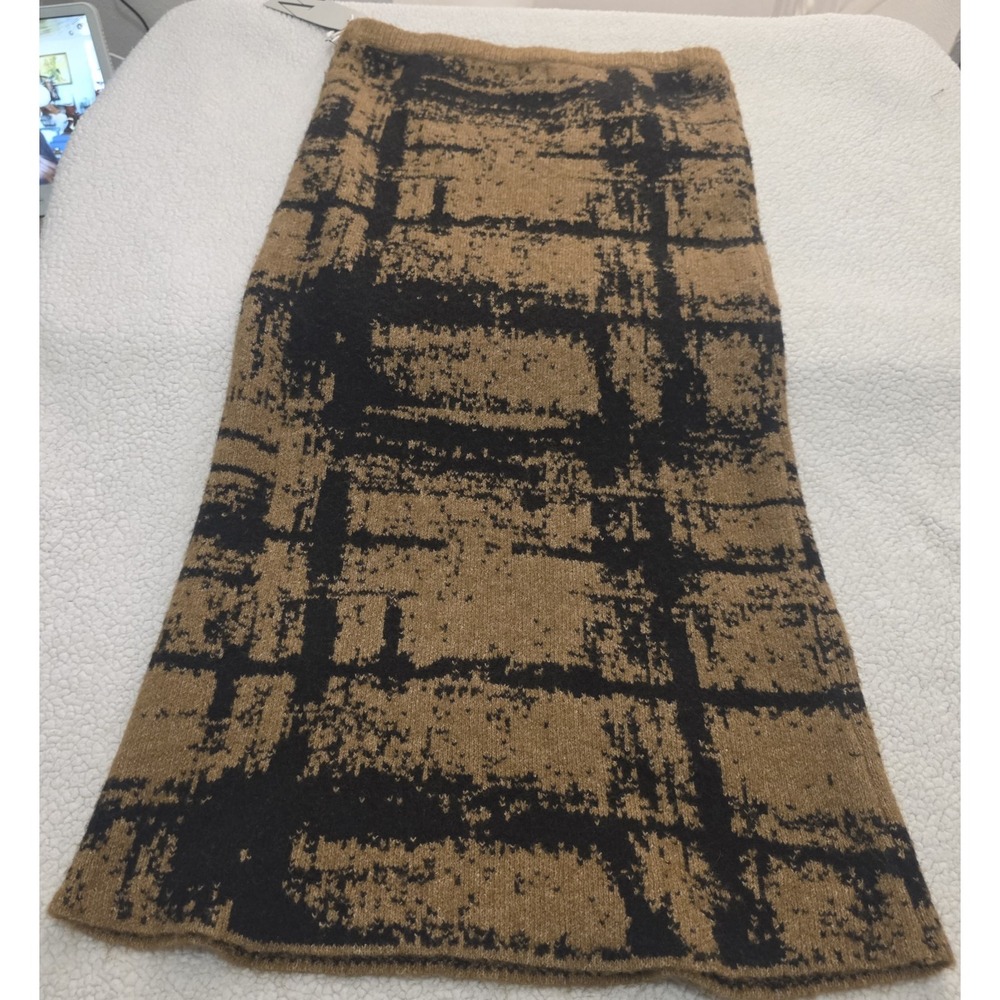 Women Petite M Gold Black Plaid Knit Midi Pencil Preppy Academia Sweater Skirt